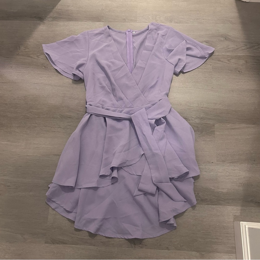 Lavender Wrap-Style Ruffled Mini Dress